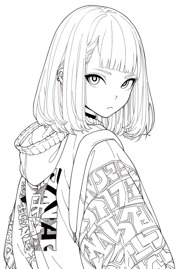 Anime short-haired girl with bangs and under-eye freckles, cartoon anime style — free printable anime coloring book page
