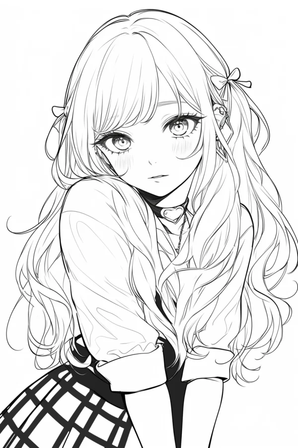 Japanese curly-haired school girl, anime style — free printable campus coloring book page