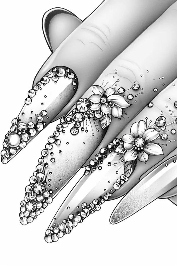 Hand with ornate long stiletto nails decorated with flowers and rhinestones, realistic illustration style — free printable beauty coloring book page