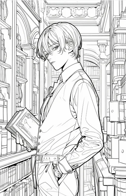 Anime boy holding a book, in a vintage library with tall bookshelves and classical architectural details — free printable library coloring book page