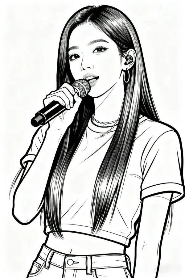 Long-haired girl holding a microphone, anime style — free printable musician coloring book page