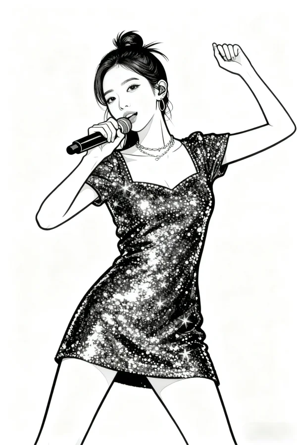 Stylish girl singing with a microphone, cartoon style — free printable actor coloring book page