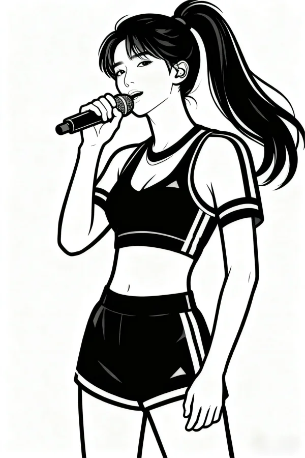 Girl with high ponytail singing holding a microphone, cartoon style — free printable musician coloring book page