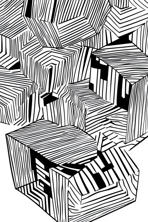 Abstract 3d geometric cubes, op art style — free printable order coloring book page
