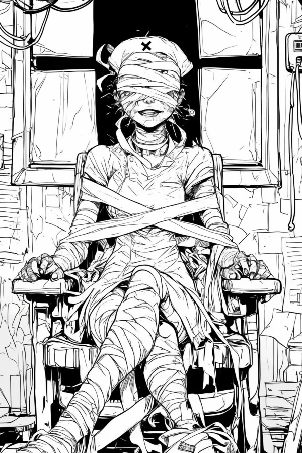 Creepy bandaged nurse tied to a wheelchair, dark horror comic style — free printable nurse coloring book page