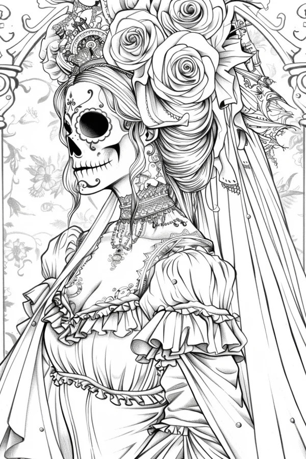 Elegant day of the dead sugar skull woman with rose headdress, intricate decorative lace dress and veil — free printable latin american culture coloring book page