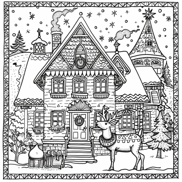 Christmas cottage with reindeer, cartoon illustration style — free printable houses coloring book page