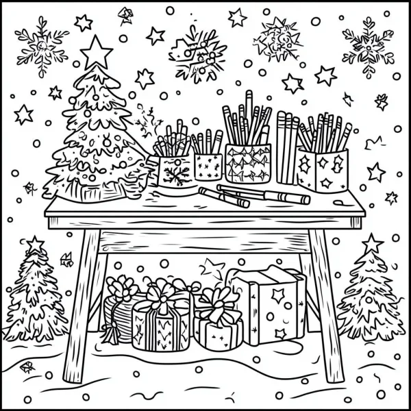 Christmas-themed coloring workspace, cartoon style — free printable handmade coloring book page