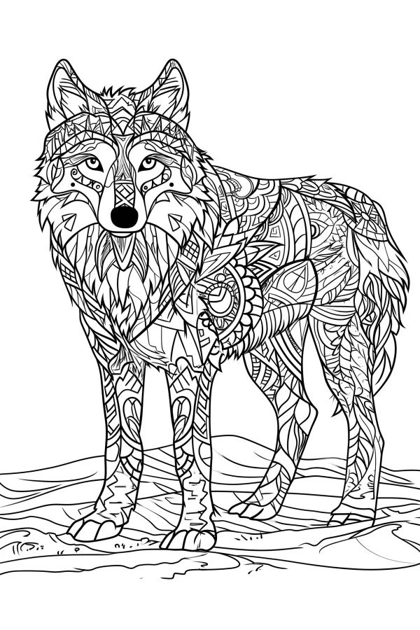 Tribal patterned wolf, tribal art style — free printable tribal culture coloring book page