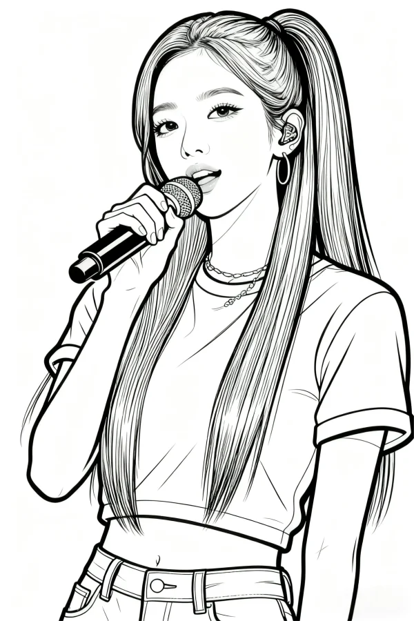 Long-haired girl with high ponytail holding microphone, cartoon style — free printable musician coloring book page