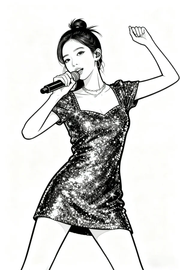 Singing girl with bun hairstyle in sequin dress holding microphone, cartoon line art style — free printable dance coloring book page