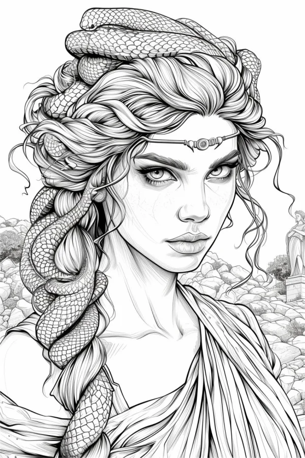 Medusa (gorgon with snake hair), classical realistic style — free printable greek culture coloring book page