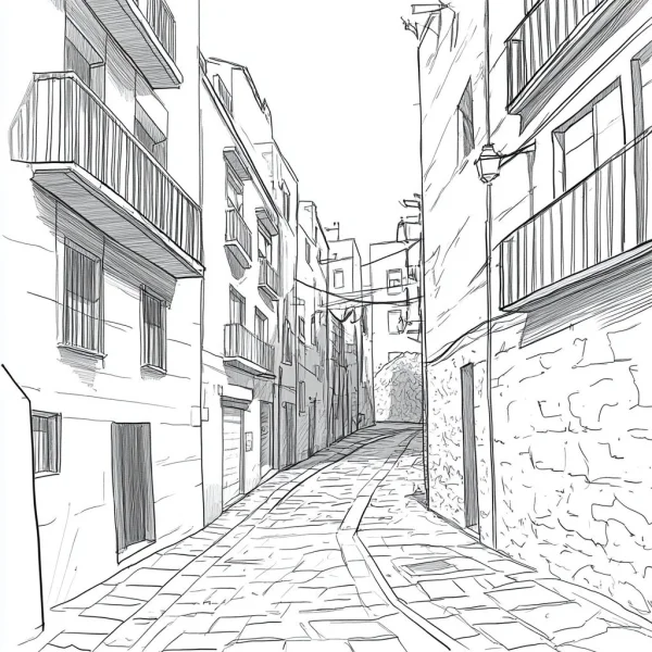 Narrow town alley with stone buildings and balconies, realistic sketch style — free printable town scene coloring book page