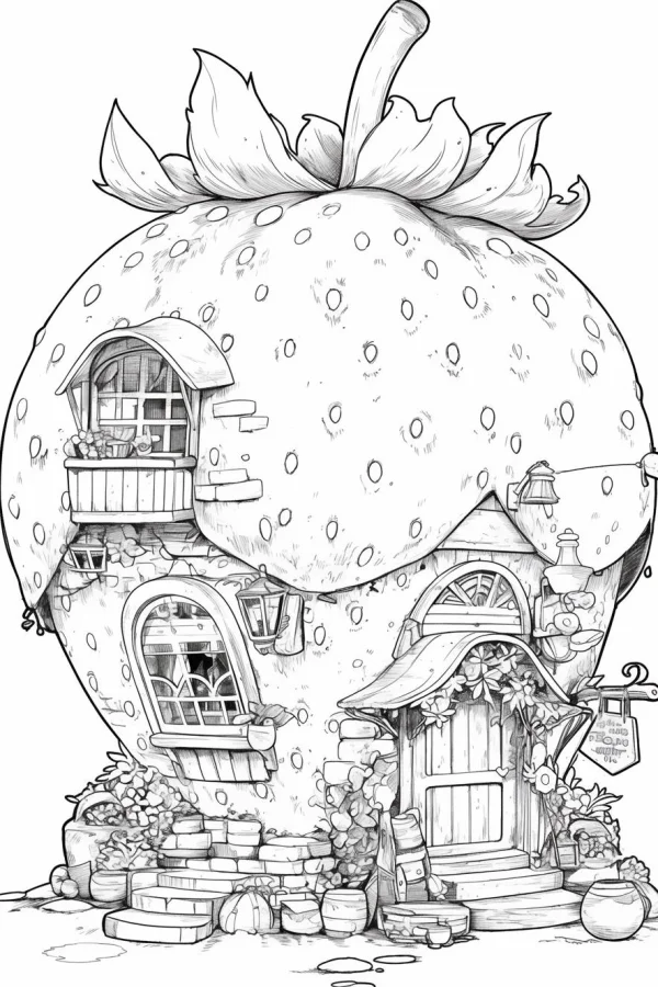 Strawberry-shaped cottage, fairy tale style — free printable cabin coloring book page