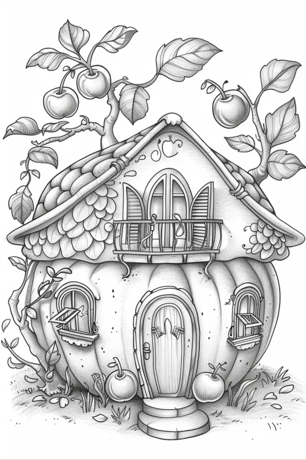 Pumpkin apple cottage, fairy tale cartoon style — free printable cabin coloring book page