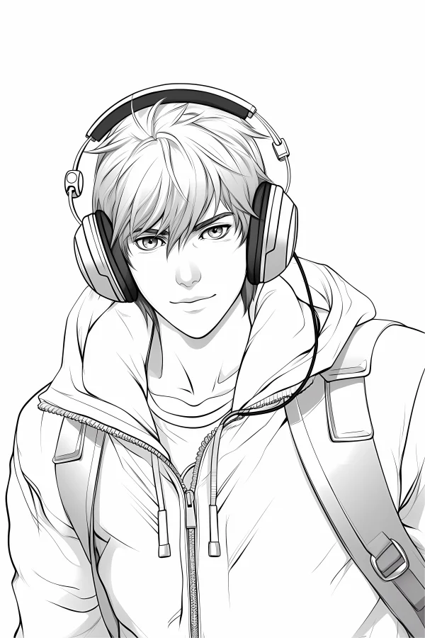 Anime boy wearing over-ear headphones, hoodie and backpack — free printable anime coloring book page