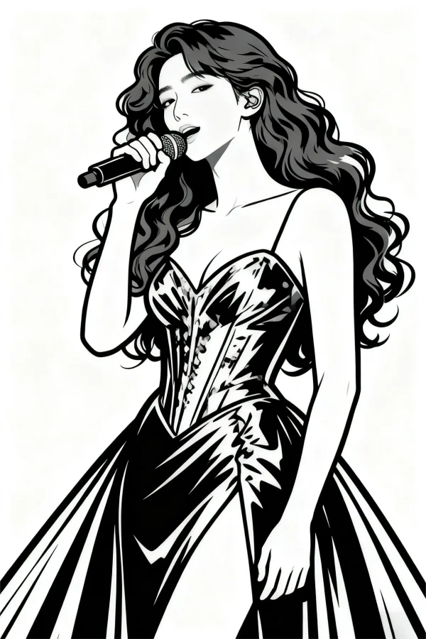 Elegant woman in strapless evening gown singing with microphone, cartoon style — free printable musician coloring book page