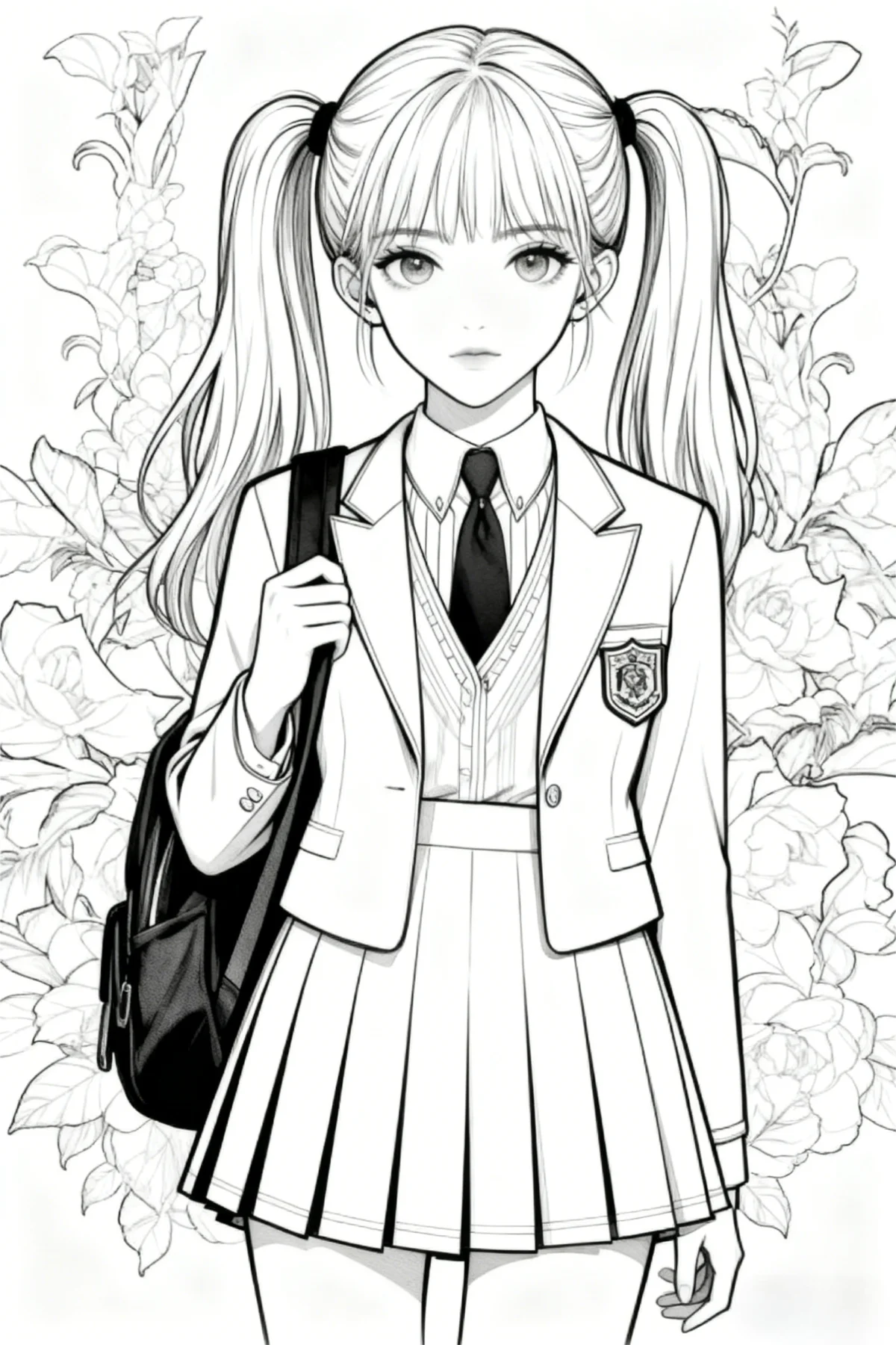 Twin-tailed school girl in uniform, anime style — anime style — moderate detail — line art coloring page — for teens and young adults