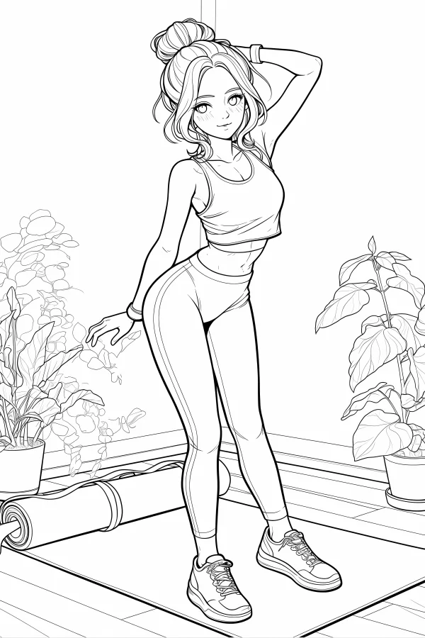 Fitness girl with bun hairstyle, cartoon style — free printable fitness coloring book page
