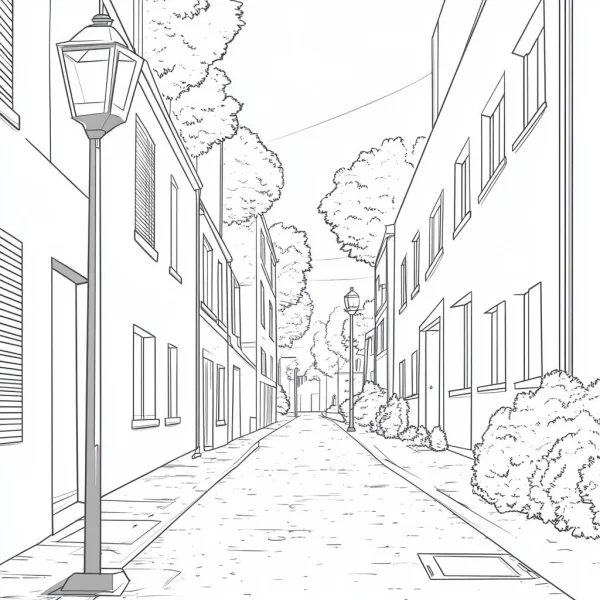 European style city alley with buildings, vintage street lamps — free printable daily scene coloring book page