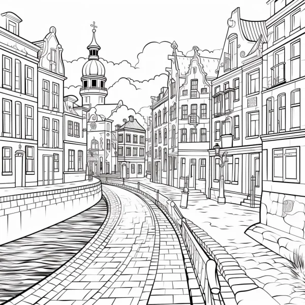 Riverside european town street with multi-story buildings and domed tower, realistic line art style — free printable towns coloring book page