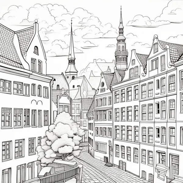 European town street buildings, realistic european style — free printable town architecture coloring book page