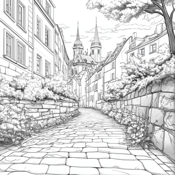 European town cobblestone street, realistic illustration style — free printable town scenery coloring book page