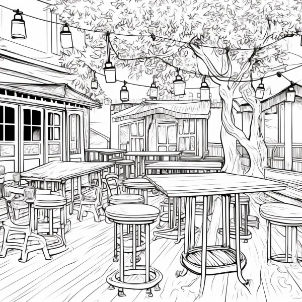 Coloring book page, outdoor cafe patio with wooden tables and stools — free printable cafe coloring book page