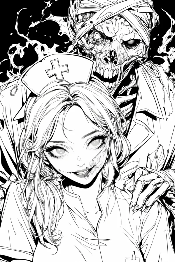 Creepy nurse with facial scars and mummified skeleton zombie behind, dark anime horror style — free printable nurse coloring book page