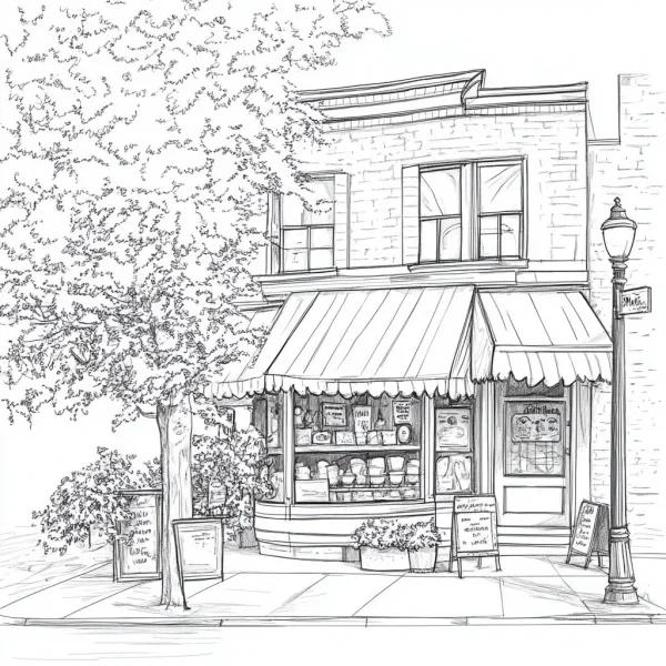 Street corner small store, realistic illustration style — free printable street view coloring book page