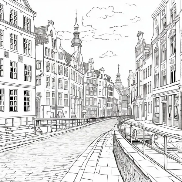 European town cobblestone street with historic buildings, realistic european style — free printable town scene coloring book page