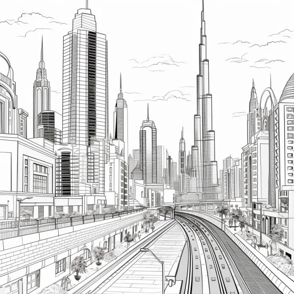 Modern city skyscrapers with railway track, realistic line art style — free printable modern architecture coloring book page