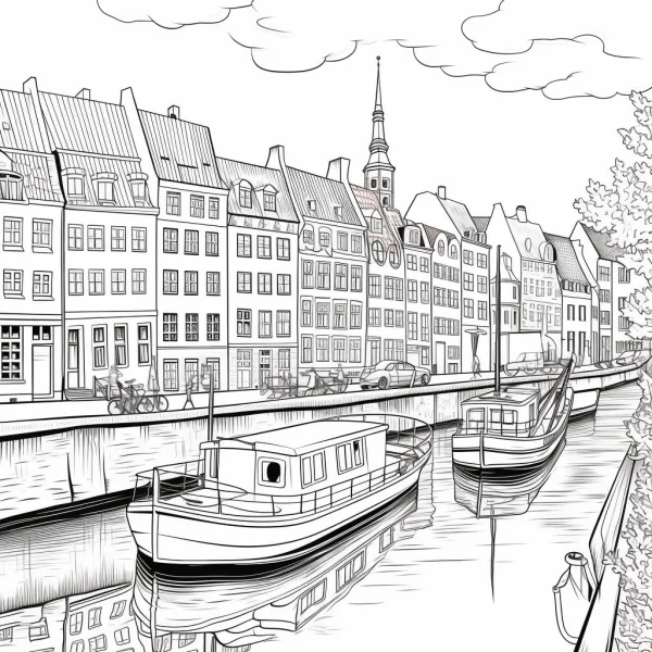 Coloring book page, european canal-side city buildings with boats — free printable cityscape coloring book page