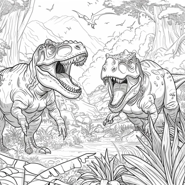 Two tyrannosaurus rex in prehistoric jungle, sketch style — free printable prehistoric coloring book page