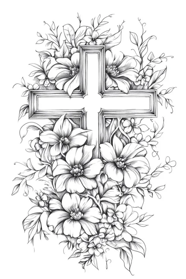 Cross surrounded by various flowers, vines and leaves — free printable religious culture coloring book page