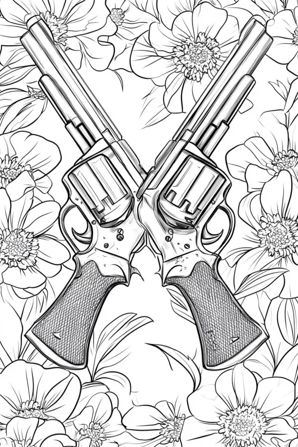 Crossed revolver pistols surrounded by detailed flowers, realistic line art style — free printable weapons coloring book page