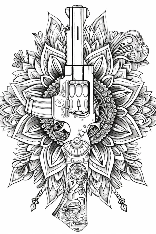 Revolver decorated with intricate mandala patterns, decorative art style — free printable weapons coloring book page