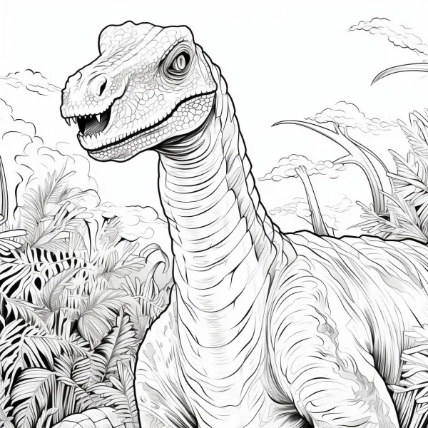 Long-necked dinosaur, realistic sketch style — free printable rainforest coloring book page
