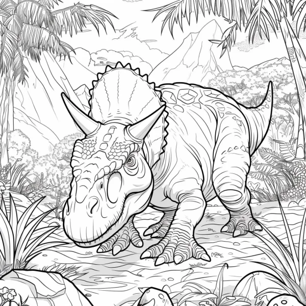 Ceratopsian dinosaur in prehistoric jungle, cartoon line art style — free printable jungle coloring book page