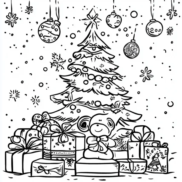 Cute teddy bear with gift boxes under a decorated christmas tree, cartoon style — free printable gift coloring book page