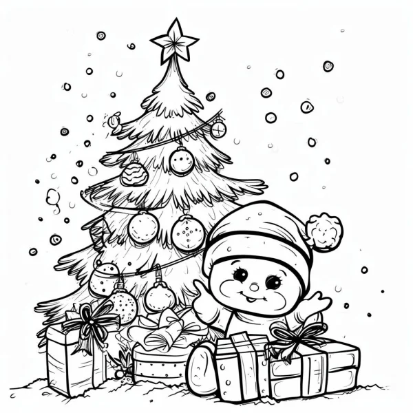 Cute baby wearing santa hat, with decorated christmas tree and gift boxes — free printable gift coloring book page