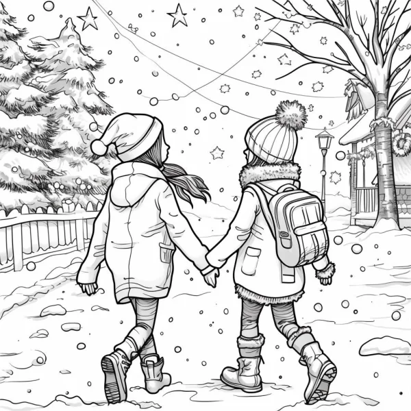 Two children holding hands walking on snowy path, cartoon style — free printable childhood coloring book page