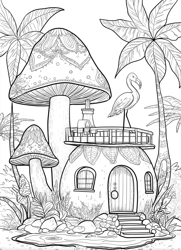 Tropical mushroom house with a flamingo on the balcony, cartoon style — free printable scenes coloring book page