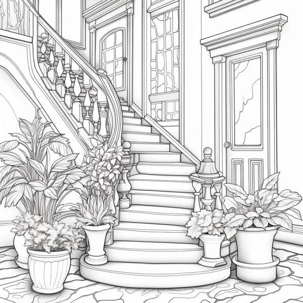 European-style spiral staircase with potted plants, realistic line art style — free printable scene theme coloring book page