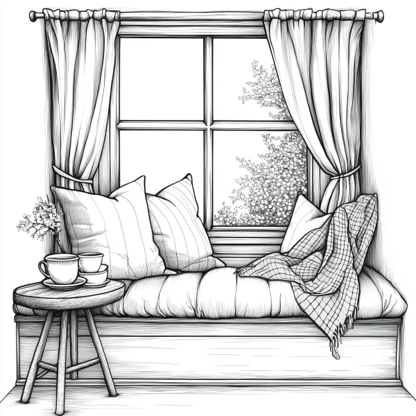 Window seat cozy nook, realistic sketch style — free printable home leisure coloring book page