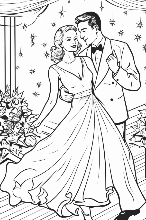 Vintage dancing couple on party dance floor, retro style — free printable dance coloring book page