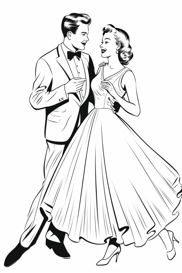 Vintage dancing couple, retro cartoon style — free printable dance coloring book page