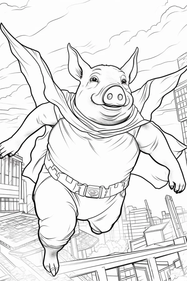 Superhero pig with cape and belt, cartoon style — free printable superhero coloring book page