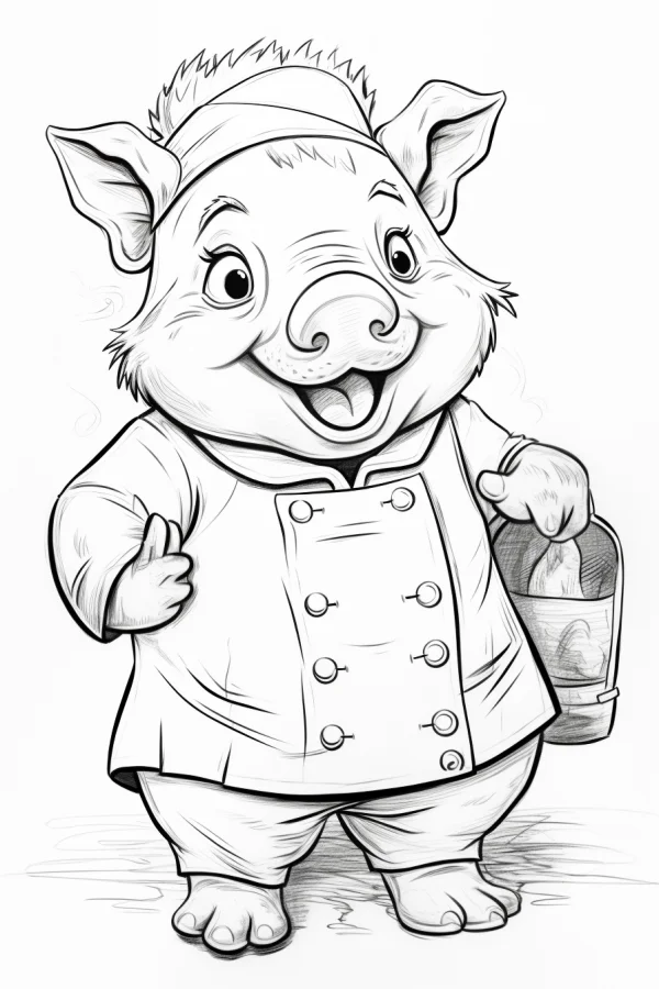 Cute cartoon pig chef with chef hat, wearing double-breasted chef coat — free printable chef coloring book page