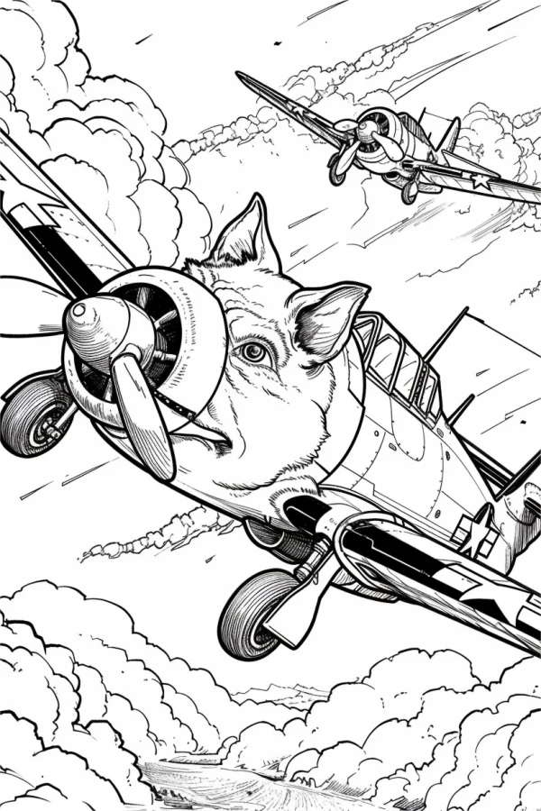 Pig-headed fighter plane, cartoon style — free printable aviation coloring book page
